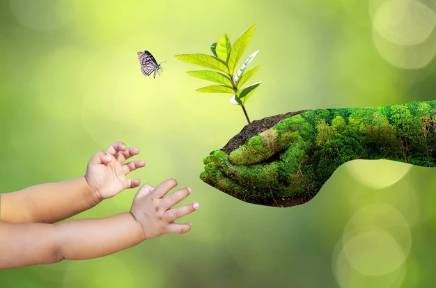 Nature's hands giving a plant on soil to a baby, with a butterfly and blurred vegetation background